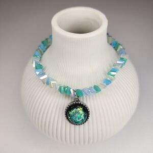 ​Iridescent Green & Blue Glass Chip Stretch Bracelet, Fire Opal-Style Pendant